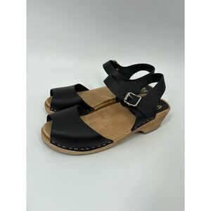 Mia Anja Swedish Sandals Womens Sz 38 Black Leather Clog Wood Heel Open Toe